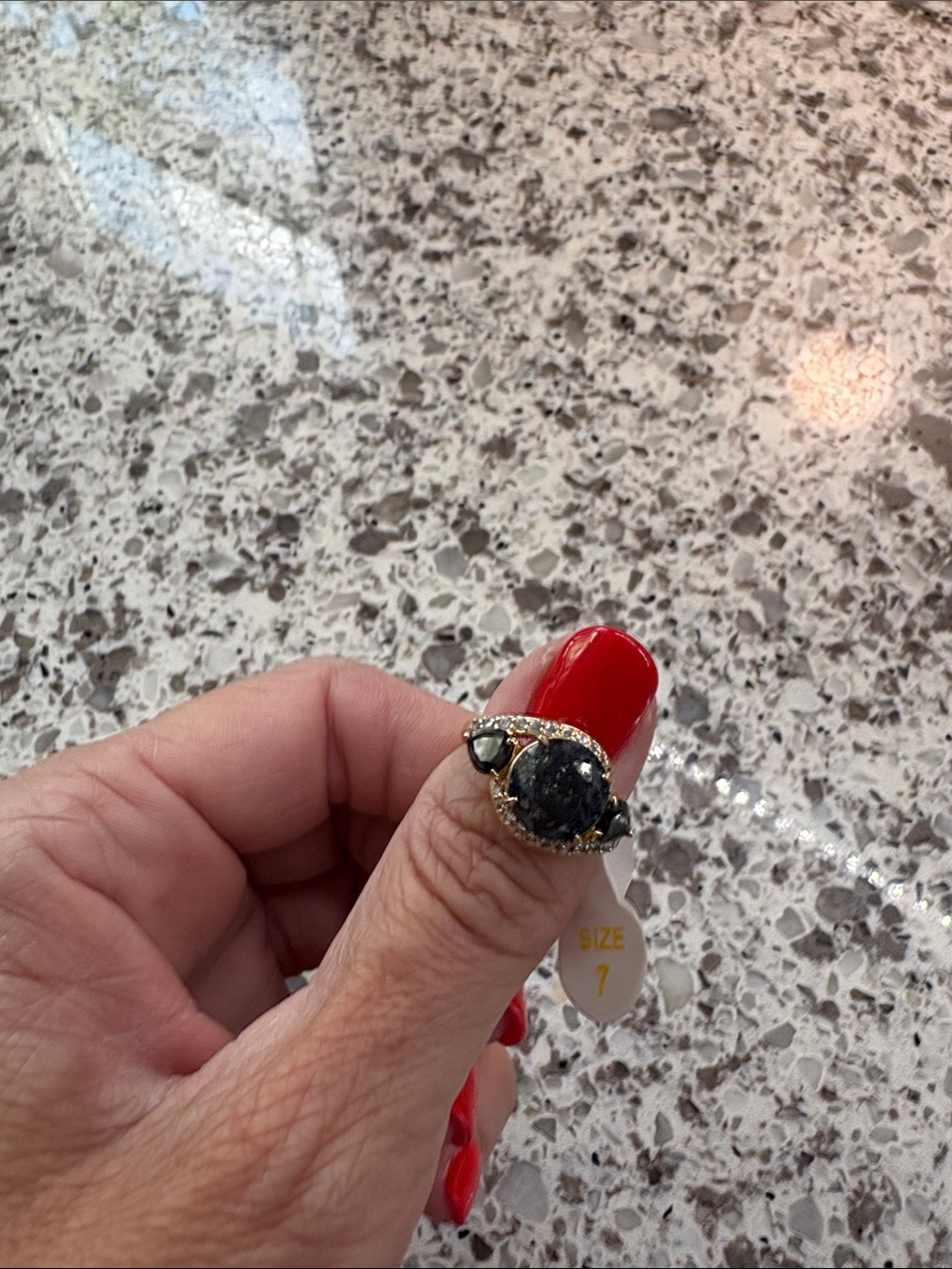 Gold-Tone Black Stone Cocktail Ring - Size 7